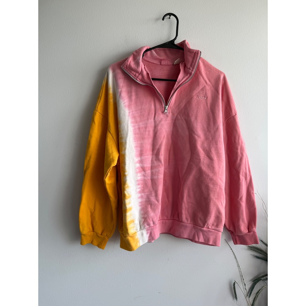 Levis‎ Womens Pink Yellow Tie Dye Quarter Zip Sweatshirt Embroidered Logo Medium